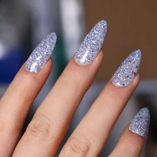 Starry Night Long Almond Glittering Silver Press On Nail Set with Holographic Sparkle