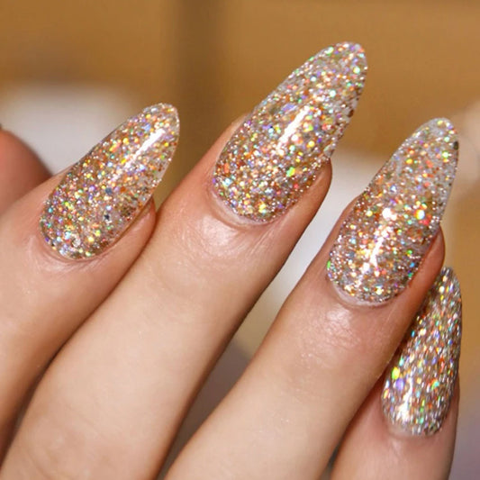 Enchanted Sparkle Long Almond Multicolor Glitter Press On Nail Set with Holographic Shine
