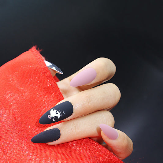 Panda Charm Long Almond Press On Nail Set In Black And Pink With Matte Finish And Adorable Animal Accents