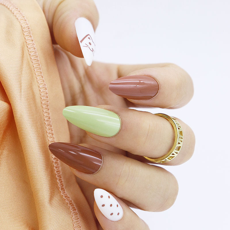 Autumn Elegance Long Almond Multi-Color Press on Nail Set with Polka Dot and Cat Accents