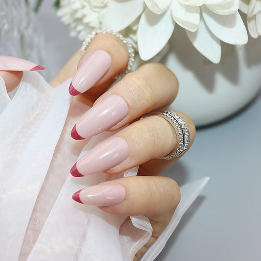 Elegant Soir≈Ωe Long Almond-Shape Beige Press on Nails with Burgundy Accents