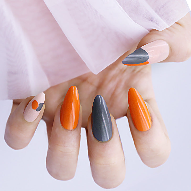 Autumn Elegance Long Almond Gray and Orange Press On Nails with Dual-Tone Accents