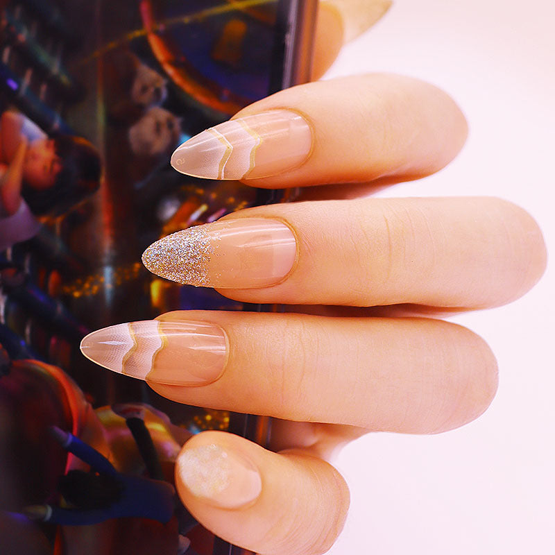 Elegant Soir≈Ωe Long Almond Beige Glitter Accent Press On Nail Set