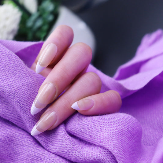 Lavender Dreams Long Almond Beige and White Ombre Press On Nail Set with French Tips