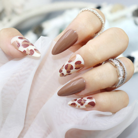 Autumn Elegance Long Almond-Shaped Brown and Cream Press-On Nail Set with Abstract Animal Print Design