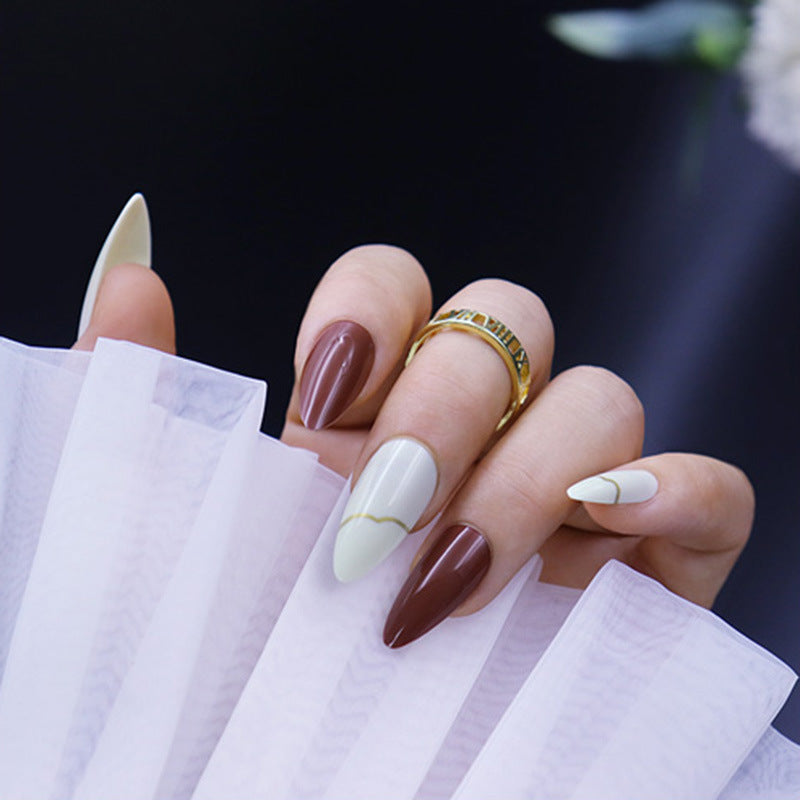 Elegant Caf≈Ω Collection Long Almond Brown and Cream Press-On Nails with Accent Designs