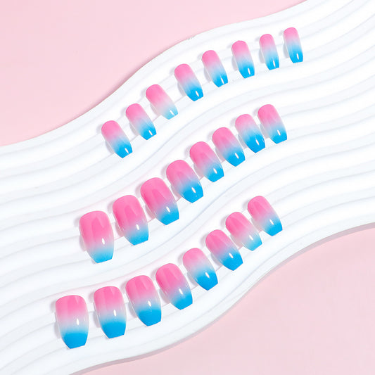 Summer Breeze Ombre Medium Coffin Pink to Blue Gradient Press On Nail Set with Glossy Finish