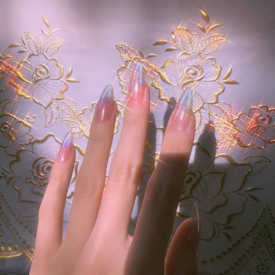 90s Iridescent Babe Long Almond Beige Everyday Press On Nails