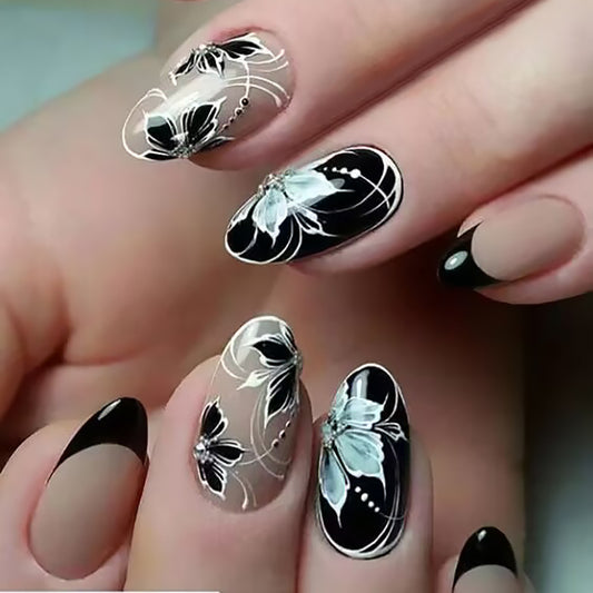 Elegant Floral Fantasy Medium Oval Black and White Press On Nail Set with Rhinestone Accents