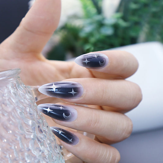 Starry Night Long Almond Grey Press On Nails with Celestial Accents