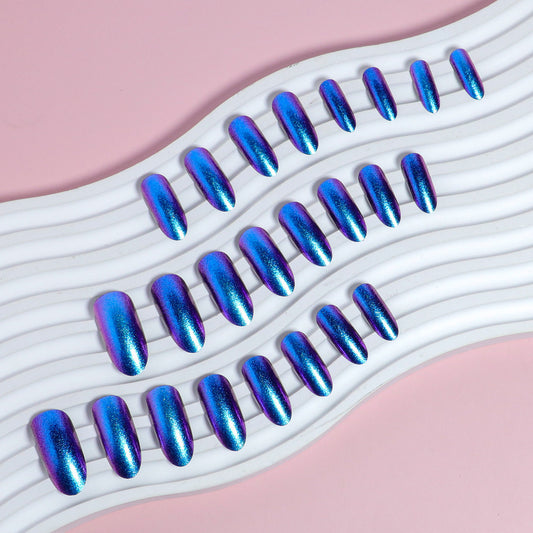 Cosmic Shimmer Long Oval Blue Iridescent Press On Nail Set with Reflective Sheen Finish