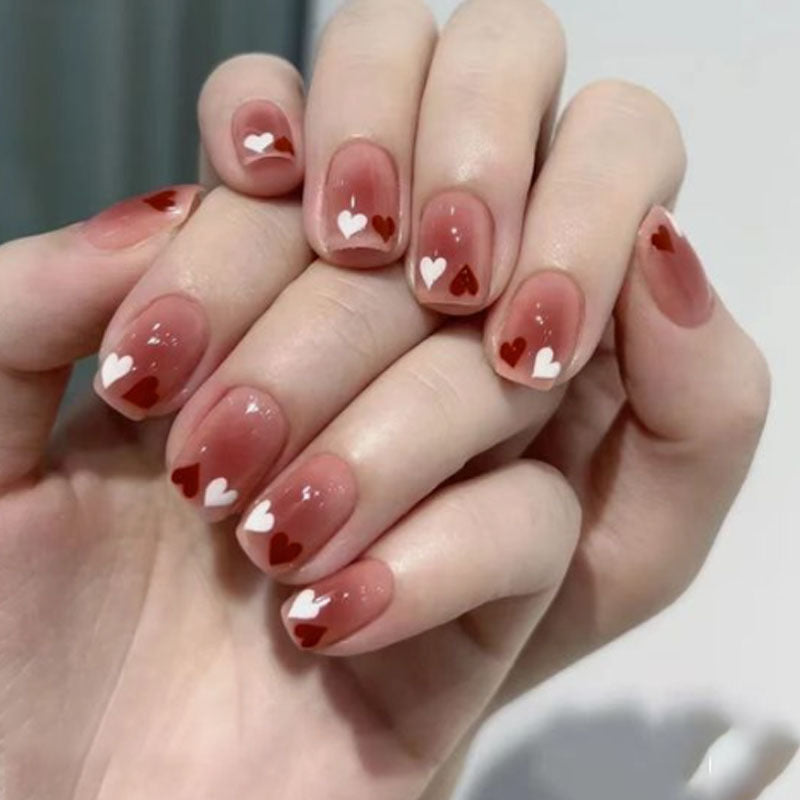 Valentine's Romance Medium-Length Square Maroon Gradient Press On Nail Set with White Heart Accents