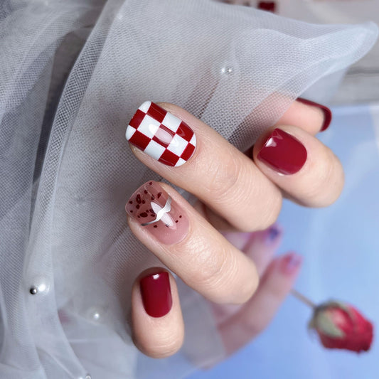 Vintage Picnic Short Squoval Burgundy Press On Nail Set with Checkered and Floral Accents
