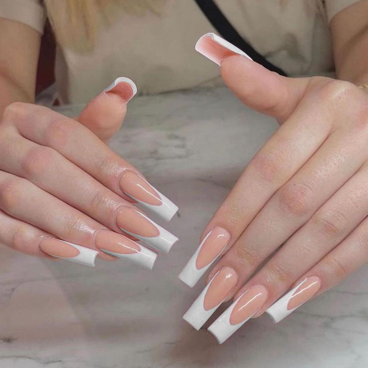 Elegant Charm Extra Long Coffin Shape Beige and White French Tip Press On Nail Set with Glossy Finish
