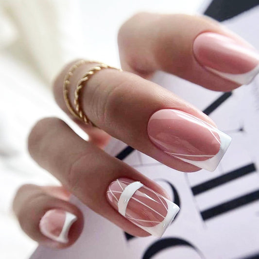 Elegant Wedding Collection Medium Square Shaped Pink Nails with White Striped Accent Design Press On Nail Set