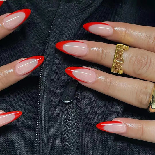 Glamour Chic Long Almond Two-Tone Red and Beige Ombre Press-On Nail Set with Seamless Blend Transition