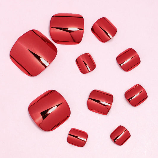 Crimson Elegance Short Square Deep Red Mirror Finish Press-On Toenail Set