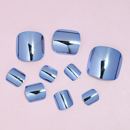 Arctic Reflection Short Square Ice Blue Chrome Finish Press-On Toenail Set