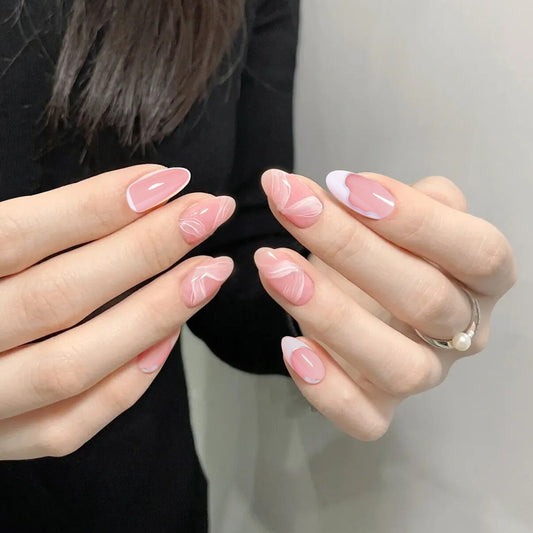 Elegant Affair Medium Almond Pink Marble Press On Nail Set with Glossy Finish