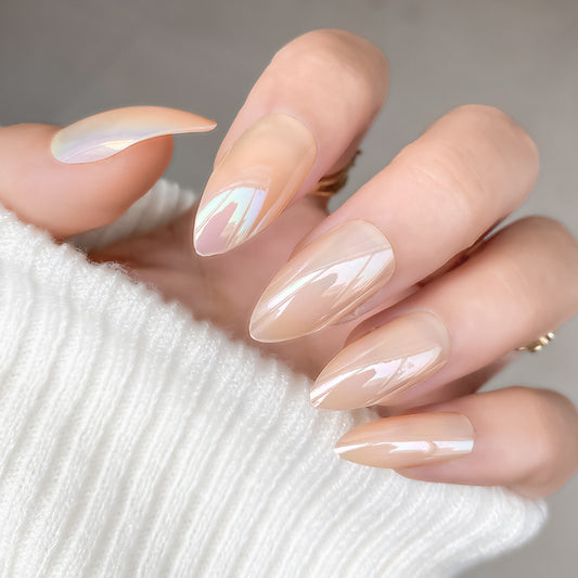 Elegant Bridal Medium Almond Beige Press On Nail Set with Iridescent Sheen Finish