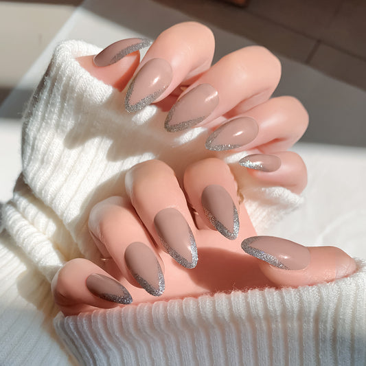 Elegant Soiree Long Almond Beige Press on Nails with Glitter Accents