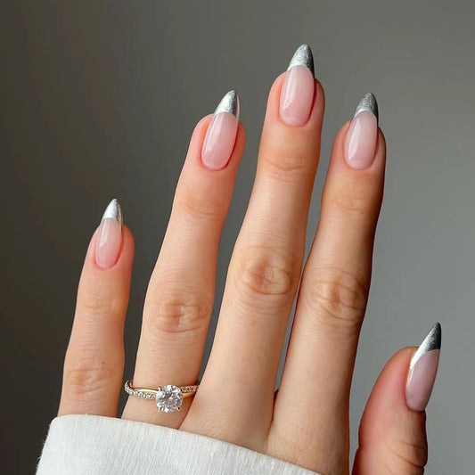 Elegant Affair Medium Almond Pink and Silver Glitter Press On Nail Set with French Tip Design