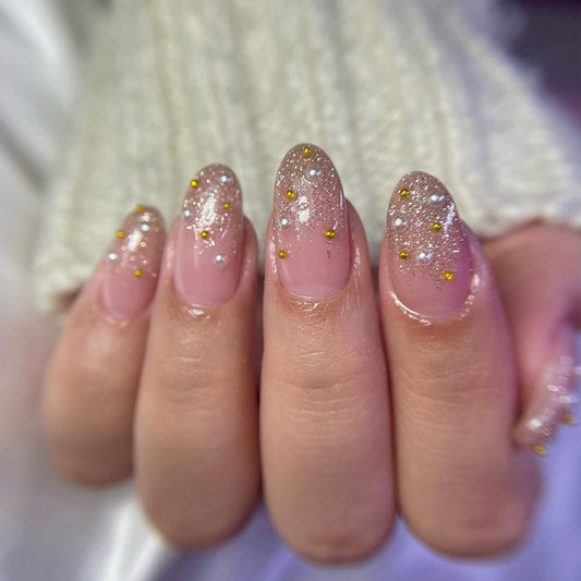 Elegant Sparkle Medium Length Oval Pink Press On Nail Set with Glitter Accents