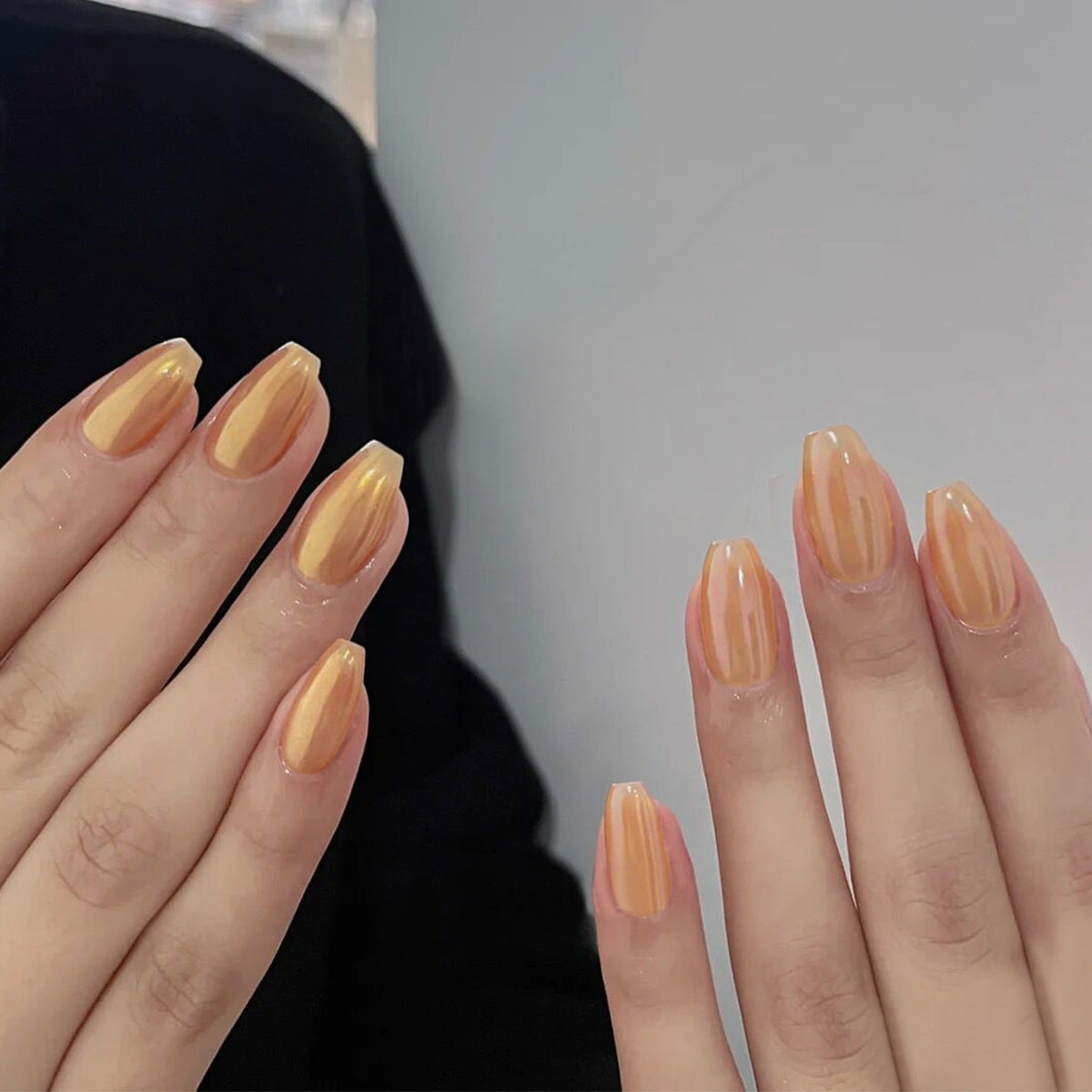 Sunset Glow Medium Coffin Peach Ombre Press On Nail Set with Reflective Sheen Finish