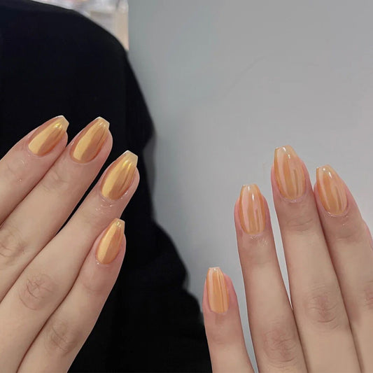 Sunset Glow Medium Coffin Peach Ombre Press On Nail Set with Reflective Sheen Finish
