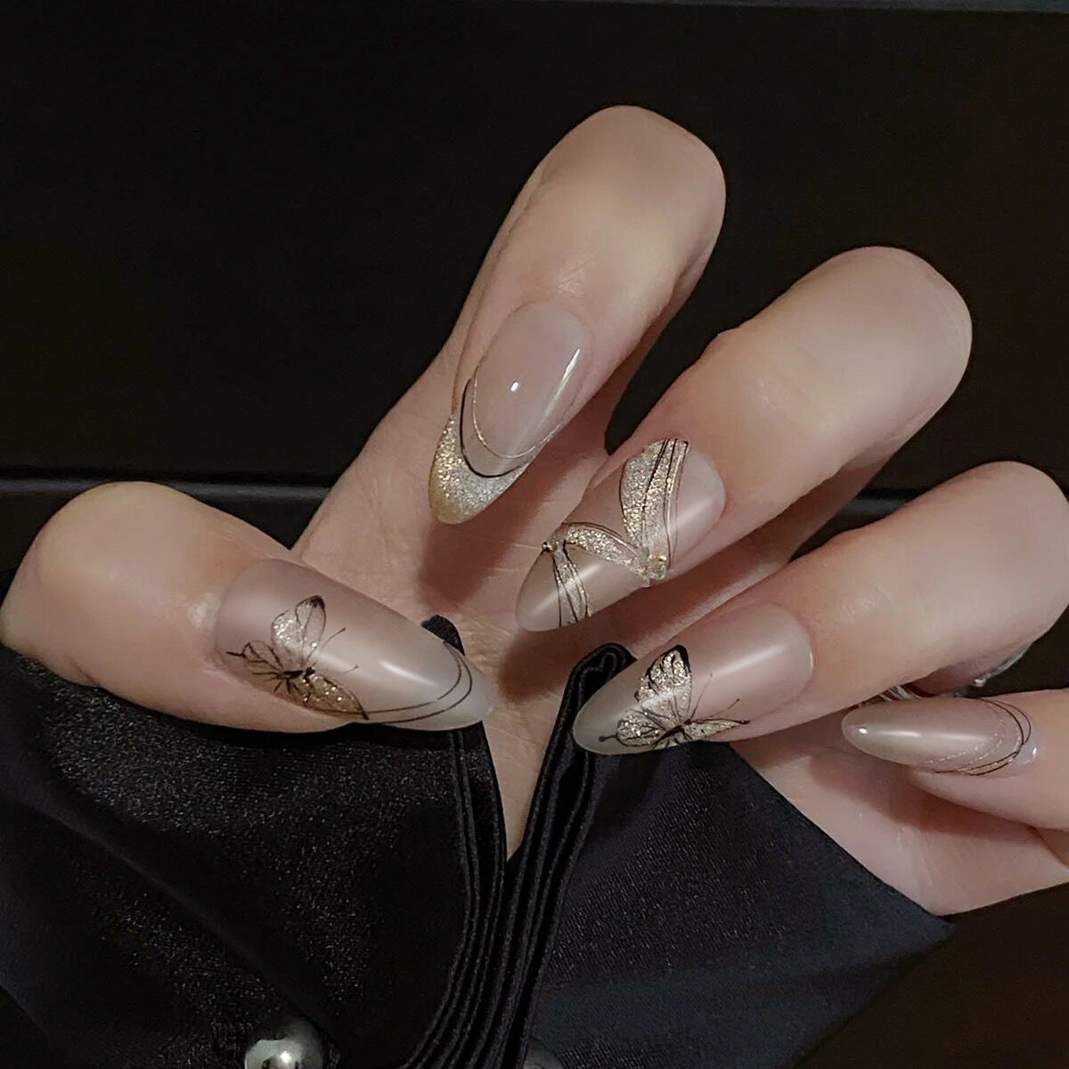 Elegant Butterfly Charm Medium Almond Beige Press On Nail Set with Glitter Accents