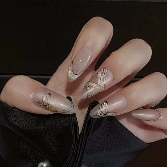 Elegant Butterfly Charm Medium Almond Beige Press On Nail Set with Glitter Accents
