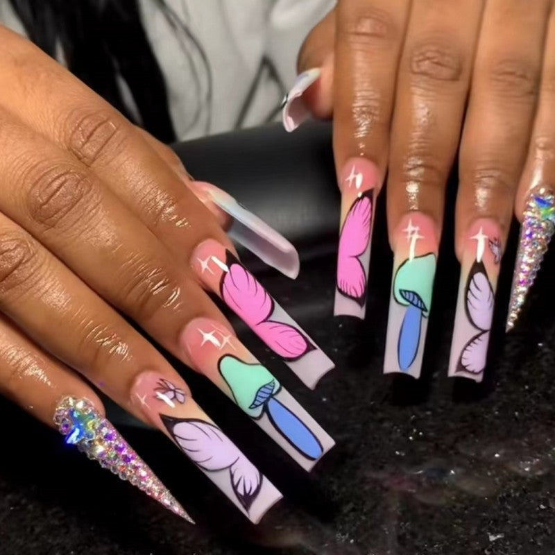 Enchanted Elegance Extra-Long Coffin Pink Press On Nails with Angelic Feathers and Glitter Accents