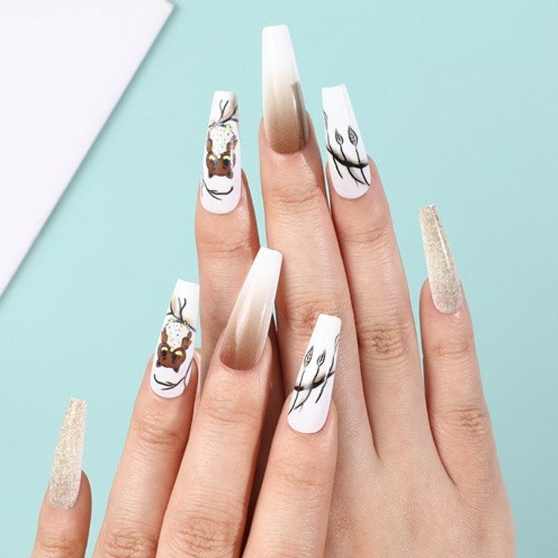 Enchanted Forest Long Coffin White and Beige Press On Nail Set with Deer and Tree Art Accents