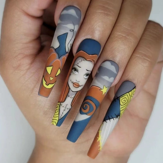 Enchanted Halloween Extra Long Coffin Multicolor Press On Nail Set With Cartoon Themed Artwork