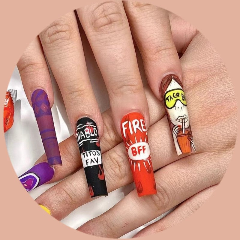 Fast Food Frenzy Long Coffin Multicolor Press On Nail Set With Unique Snack Brand Designs