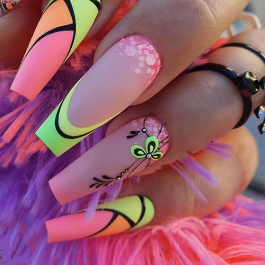 Tropical Glow Long Coffin Multi-Color Neon Press On Nail Set with Butterfly Accents