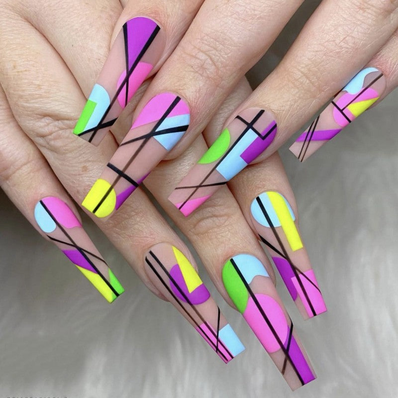 Geo-Pop Art Long Coffin Multicolor Abstract Design Press On Nail Set