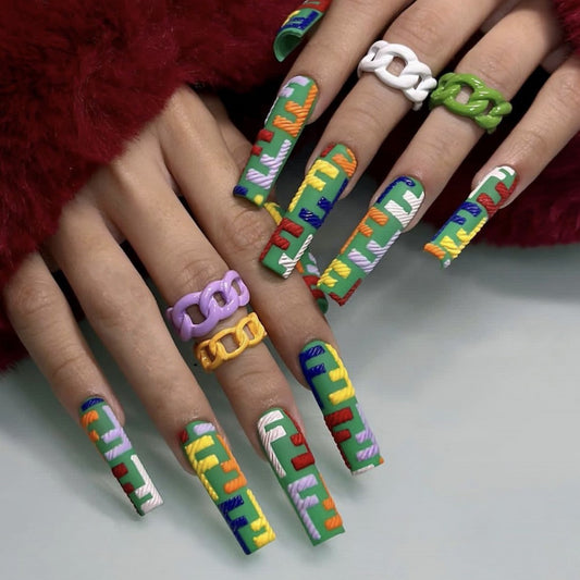 Funky Fashionista Long Square Multicolor Abstract Graffiti Art Press On Nail Set