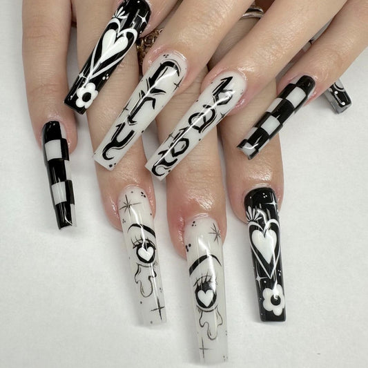Gothic Glamour Long Coffin Black and White Press On Nail Set with Artistic Accents