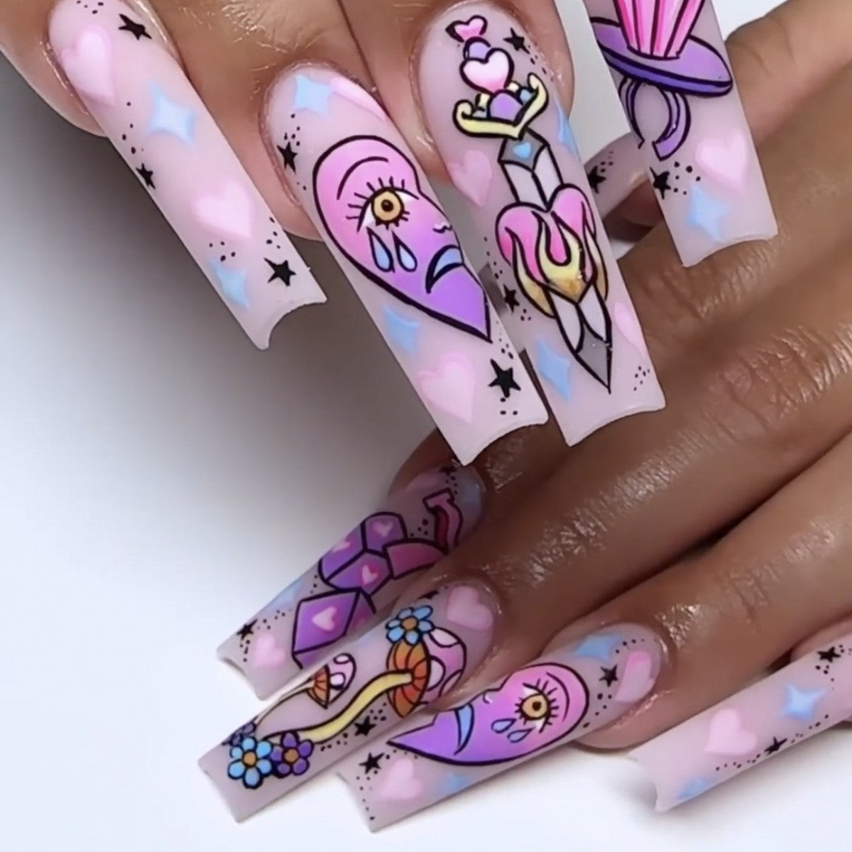 Enchanted Fantasy Long Square Pastel Pink Press On Nail Set with Whimsical Artwork and Glitter Accents