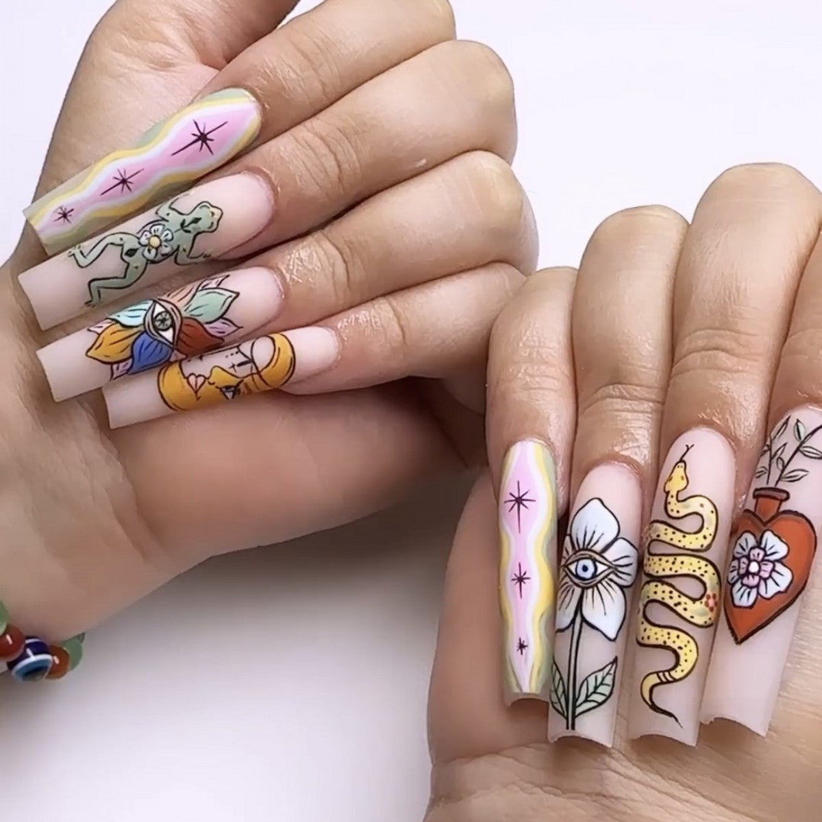 Boho Chic Extra-Long Square Multicolor Press On Nail Set with Quirky Hand-Painted Designs