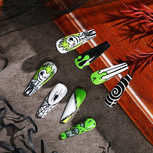 Spooky Elegance Extra Long Coffin Press On Nails Black White Green Halloween Themed Artificial Nail Set With Graphic Art Designs