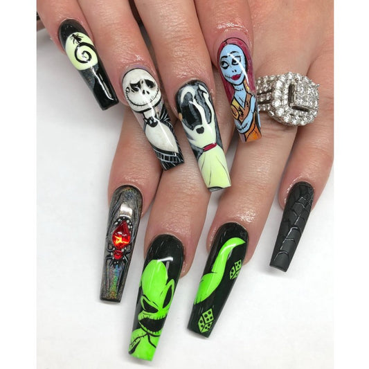 Spooky Elegance Extra Long Coffin Shape Press On Nail Set With Multicolor Design And 3D Embellishments