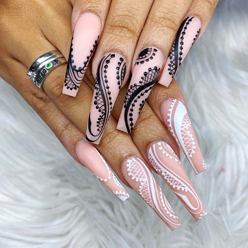 Bohemian Elegance Long Coffin Pink Press On Nails with Intricate Black and White Lace Design