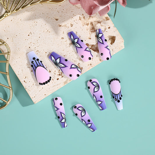 Tropical Escape Long Coffin Shaped Lavender Press On Nail Set with Tropical Leaf Design and 3D Bead Accents