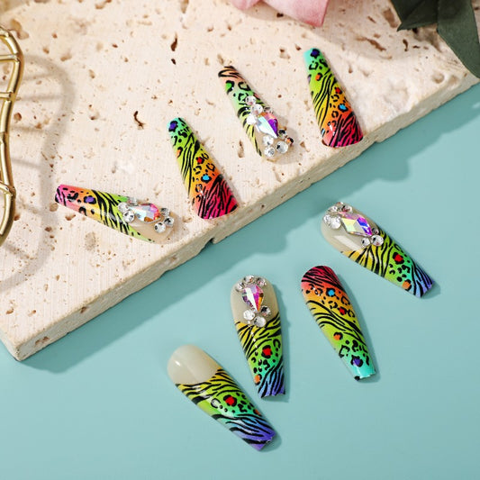 Safari Party Long Coffin Multicolor Rainbow Leopard Print with Rhinestone Accents Press On Nail Set