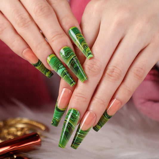 Enchanted Forest Long Coffin Green Marble Press-On Nail Set with Shimmer Accent