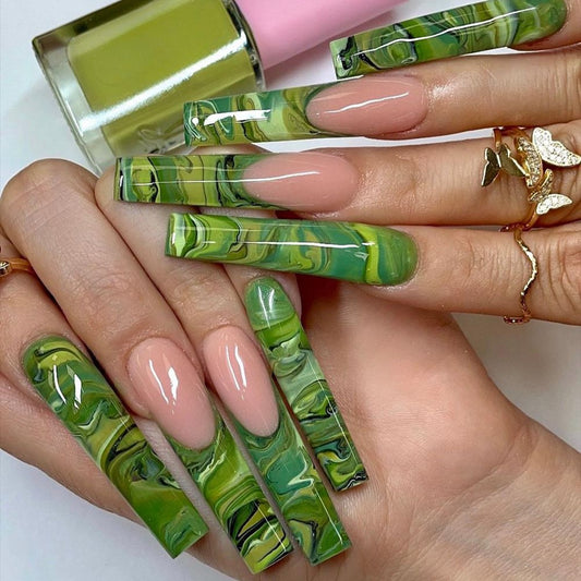 Enchanted Forest Extra Long Coffin Green Marble Press On Nail Set with Reflective Shimmer