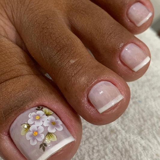 Vanilla Beige Floral Press On Toenails