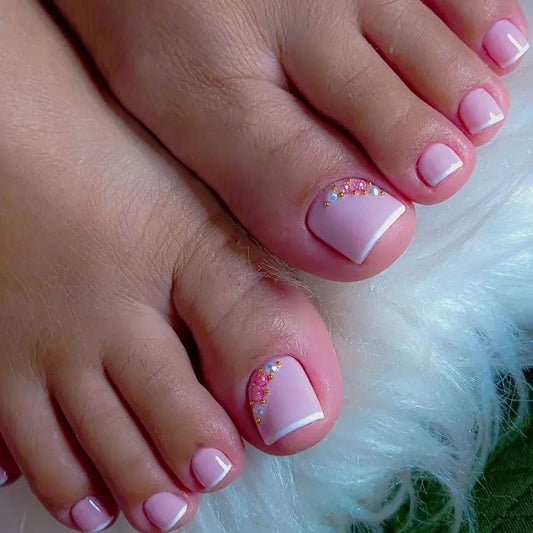 Simple Bedazzle Pink Rainbow Press On Toenails